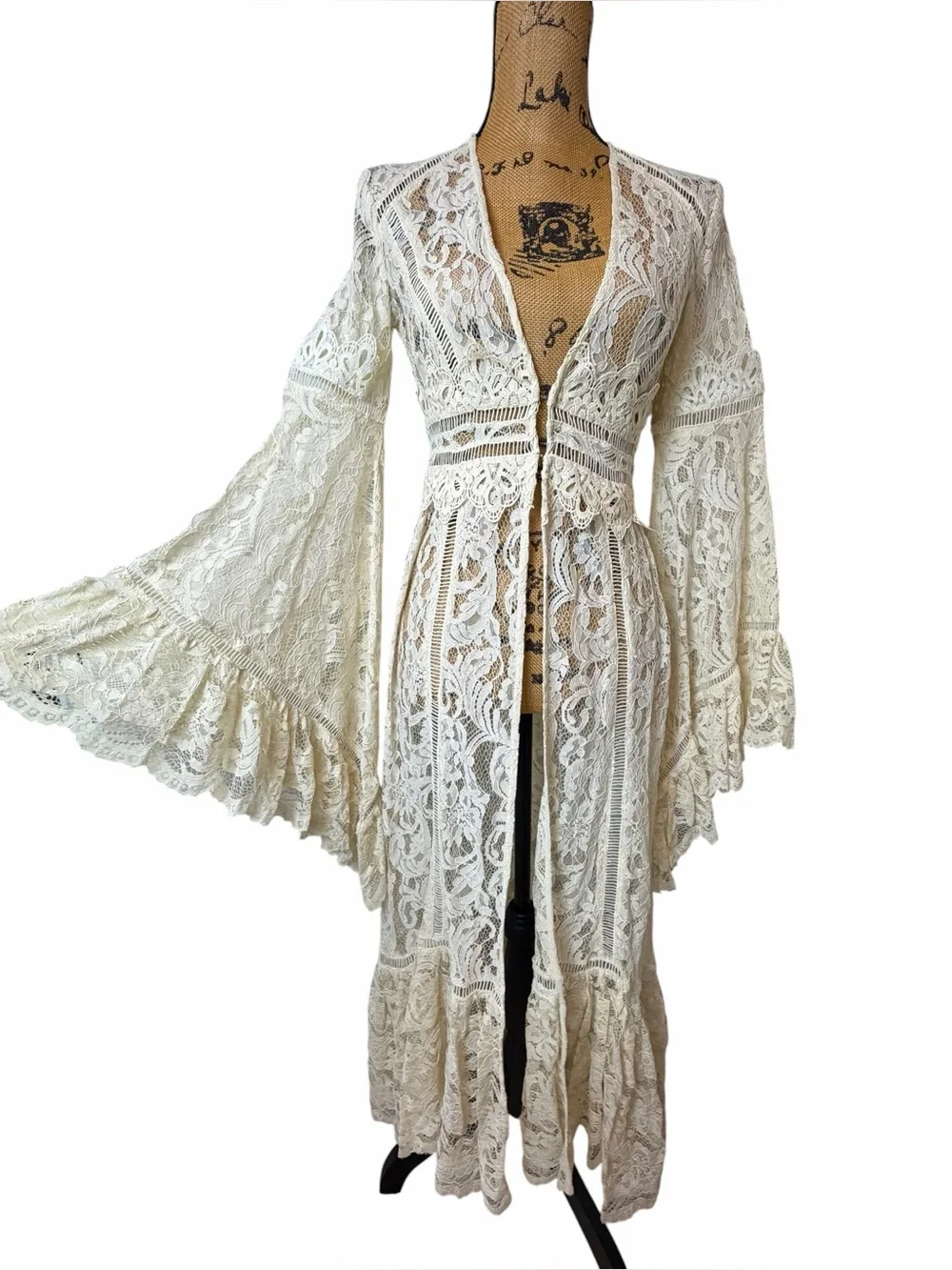 NWT RARE Free People Rhiannon Lace Duster XS Ivory Bell Sleeve Boho